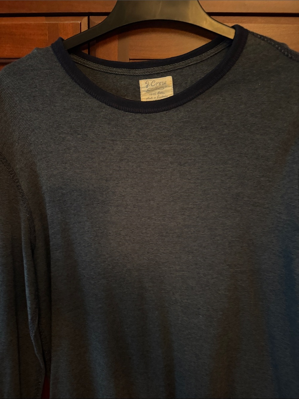 J. Crew Men’s Navy and Charcoal Thin-Striped Long Sleeve Crewneck